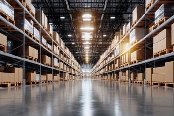 Fototapeta premium The warehouse displays neatly stacked boxes and equipment, exhibiting an organized storage area for multiple products.