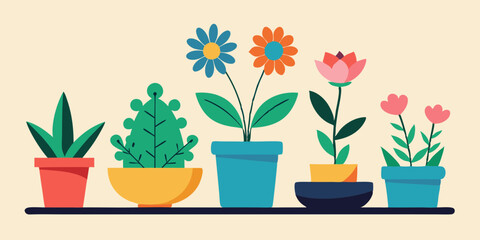 set of Illustration of various kinds of flowers in pots