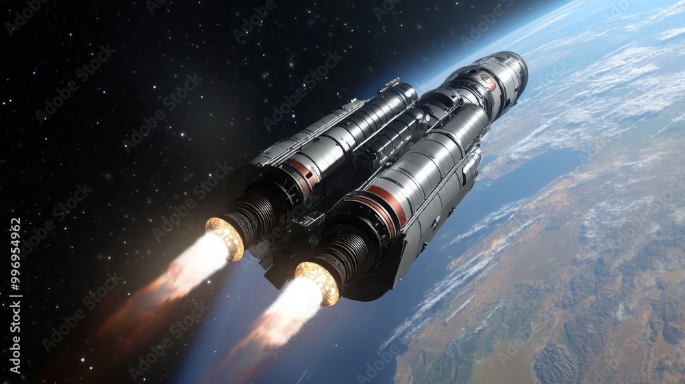 Poster a powerful spacecraft is propelling through the void of space, with its thrusters blazing brightly a