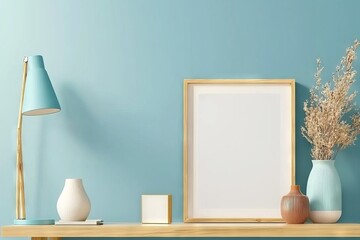 Design with a blue lamp, a single flower in a glass vase, and simple geometric decor, creating a calm, modern atmosphere.