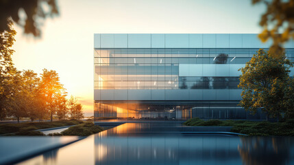 Obraz premium Golden sunset over modern building with reflective glass facade surrounded by autumn trees in a peaceful urban setting