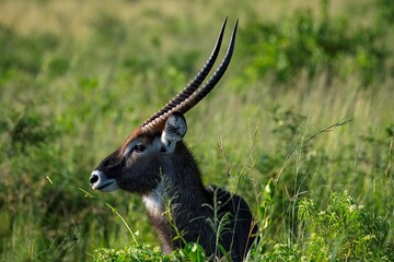 waterbuck antelope in the grassland of Murchison falls national park in Uganda