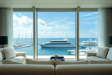 Fototapeta premium Penthouse Perfection: A Luxurious Window with a Sweeping View of the Glittering Cityscape Below