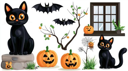 Black kitten cat with pumpkins Jack-o-Lantern style illustration,  clipart die cut isolated transparent