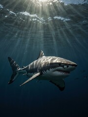 Majestic great white shark swimming underwater.