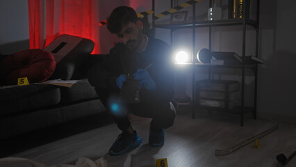 A bearded man examines evidence at an indoor crime scene in a dimly lit living room, evoking...