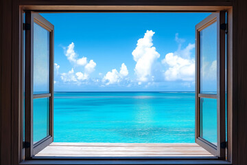 Mediterranean Oasis: A Luxurious Villa Window Overlooking a Bright Blue Sea and Sunlit Coastline