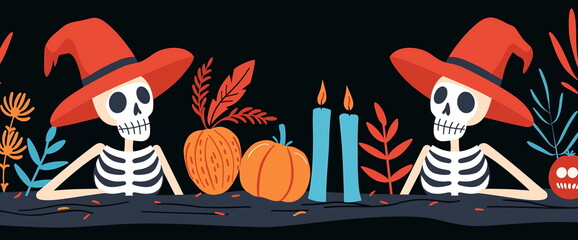 Day of the Dead festive illustration with skeleton figures, pumpkins and candles, Mexican holiday themed design for party invitation or poster