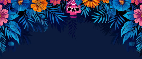 Tropical floral frame with sugar skull for Day of the Dead, dark blue background with colorful flowers and leaves for Mexican holiday design