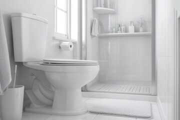 Restrooms include toilet bowls, tissue holders, houseplants, and shelving units