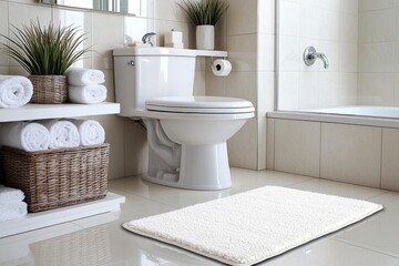 The toilet bowl, the paper holder, the houseplant, and the shelving units in the restroom