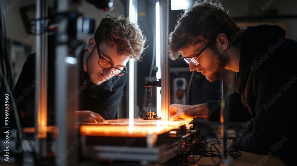 Poster Two young engineers focus intently on a machine in a modern workshop as evening light illuminates their work, showcasing precision and teamwork in a technical environment.