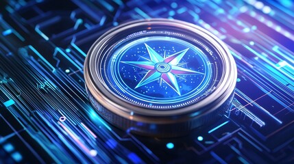 Aiming for the target on a blue dark background with goal compass in low poly. Digital illustration digital fantasy. Compass wireframe in low poly.