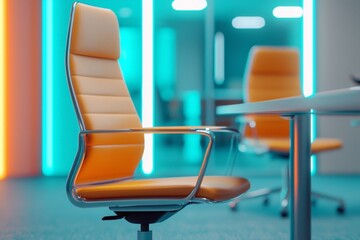 Photo of a busy office meeting room with orange and blue lighting
