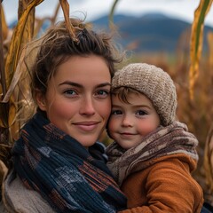 Obraz premium Mother and child joyfully navigating a tall corn maze on a sunny autumn afternoon