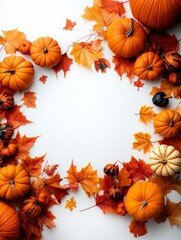 A festive autumn vertical frame with vibrant fall leaves, pumpkins on a white background