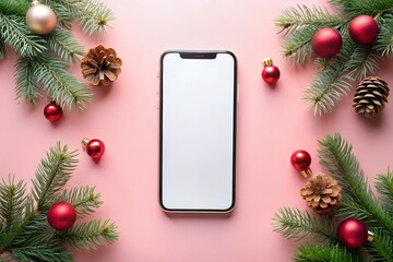 Christmas mockup with blank smartphone screen on pink background, surrounded by festive decorations, pine branches, pinecones, and red ornaments. Perfect for holiday-themed designs and presentations.