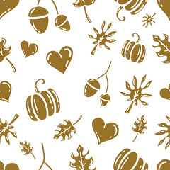 Vector Doodle Creative Autumn Seamless Pattern Design. Isolated on White Background Autumn Dry Leaves, pumpkins acorns. Hand drawn repeatable texture autumn stickers or doodle icons