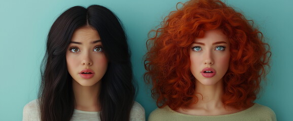 Obraz premium Diverse beauty portraits. Brunette and redhead women with contrasting hairstyles. Variety in hair color, texture and styling for fashion and beauty industry