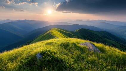 Obraz premium Above a grassy meadow in summer, rolling hills leading to a distant peak beneath a sky filled with the moon and sun