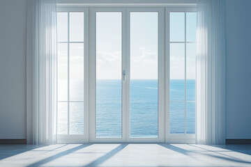 Fototapeta premium Elegant Seaview Aluminum Door Overlooking a Foggy Ocean, a Mysterious Portal to Coastal Tranquility