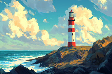 Majestic Red-and-White Striped Lighthouse Tower Standing Tall, a Iconic Coastal Landmark