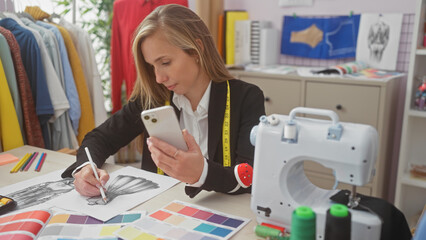 A focused woman tailoring in a well-equipped atelier, surrounded by garments and using a smartphone.