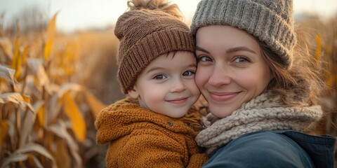 Obraz premium Mother and child joyfully navigating a tall corn maze on a sunny autumn afternoon