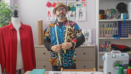 A stylish man in a colorful shirt stands confidently in a busy tailor shop surrounded by fabric and sewing equipment.