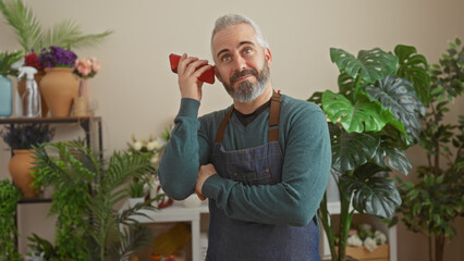 Handsome caucasian man with a beard, listening to a voicemail in a vibrant flower shop interior.