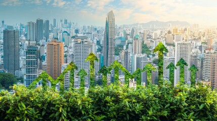 Obraz premium An urban economic growth concept with illuminated arrows ascending between city skyscrapers