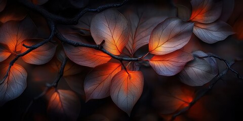 Dark leaves with glowing orange light illuminating their veins in a close-up abstract composition, Ai Generation