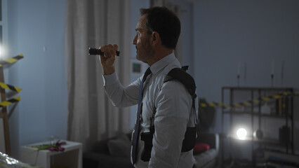 Mature man with flashlight investigating a dimly lit indoor crime scene with caution tape