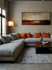 Modern minimalist living room design with sofa and table.
