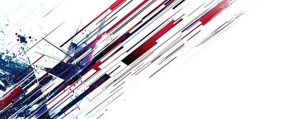 Red, white, and blue abstract overlays on a white background