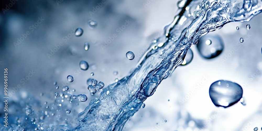 Poster close-up of splashing water with droplets, showcasing the freshness, purity, and dynamic motion of n