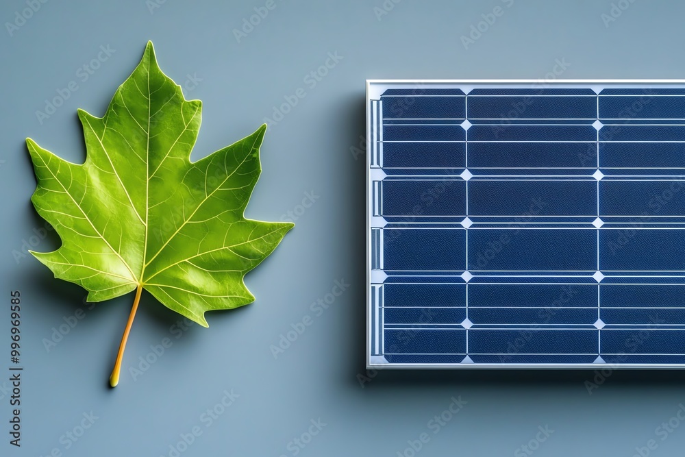 Poster a single green leaf and a solar panel side by side, representing the harmony between nature and rene