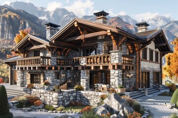 Fototapeta premium A picturesque mountain chalet with a stone exterior and wooden beams. The house has a large balcony with a stunning view of the mountains and a cozy interior.