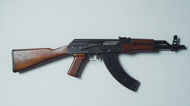 A Kalashnikov AKM assault rifle, fully assembled, stands alone against a white backdrop.