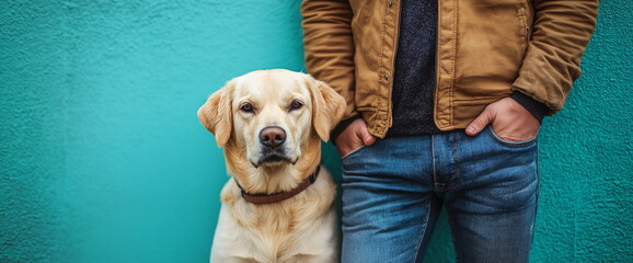 Golden Retriever standing next to owner wearing brown jacket against turquoise wall. Pet care services or dog walking business advertisements