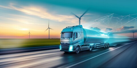 Futuristic truck driving on a highway alongside wind turbines, highlighting innovative technology and sustainable energy in the future of transportation., Generative AI