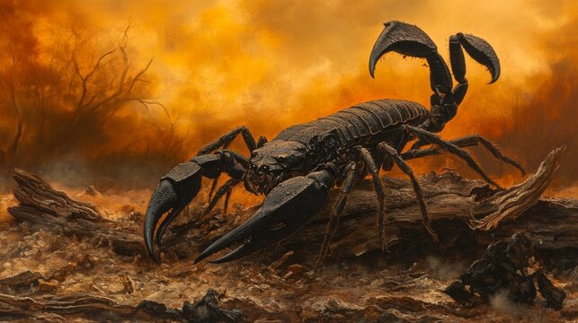 A large, black emperor scorpion sits on decaying wood against a blurry orange backdrop.