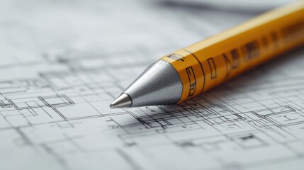 A close-up image of a pen and pencil lying on top of a blueprint. The blueprint shows architectural plans with dimensions and labels.