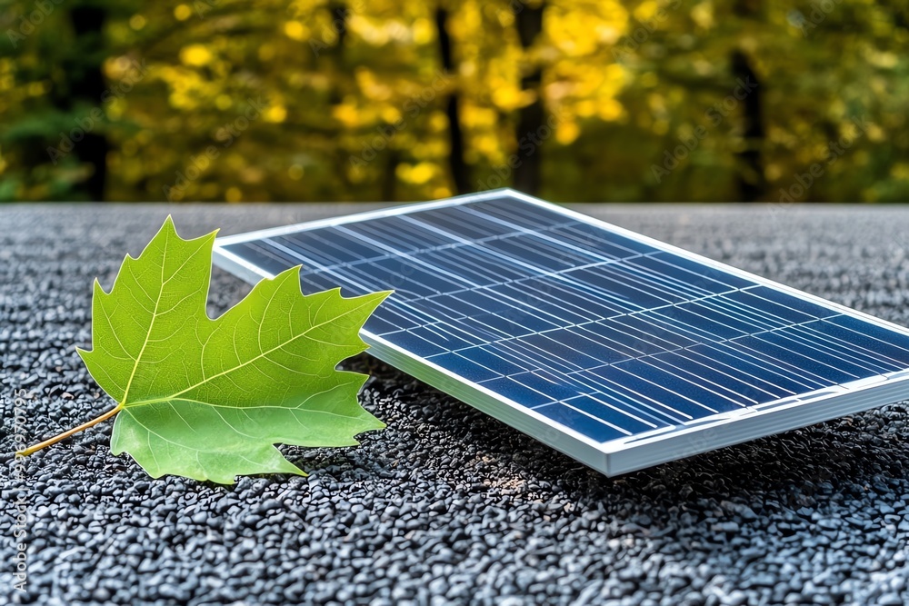 Aufkleber a single green leaf and a solar panel side by side, representing the harmony between nature and rene