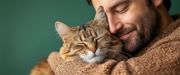 Bearded man lovingly embracing contented tabby cat wrapped in brown blanket against green background, Pet companionship and comfort