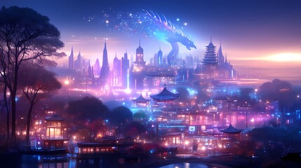 Richly colored anime landscape, featuring a dragon in a glowing city.