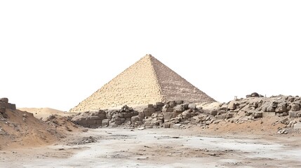 Large pyramid structure made of stone bricks, surrounded by ancient ruins and a sandy landscape under a clear sky.