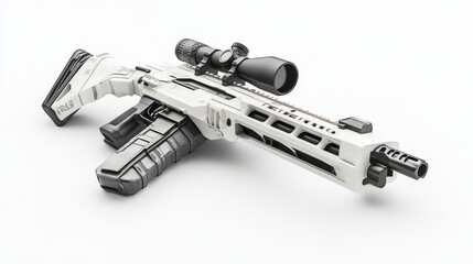 A Modern automatic rifle isolated on white background. Weapons special forces and the army. Automatic carbine with mechanical sights. Assault rifle on white backdrop.
