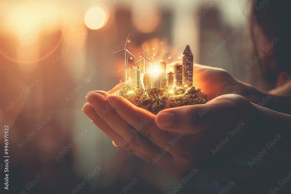 Poster miniature city with wind turbines held in hands, symbolizing sustainable urban development and the i