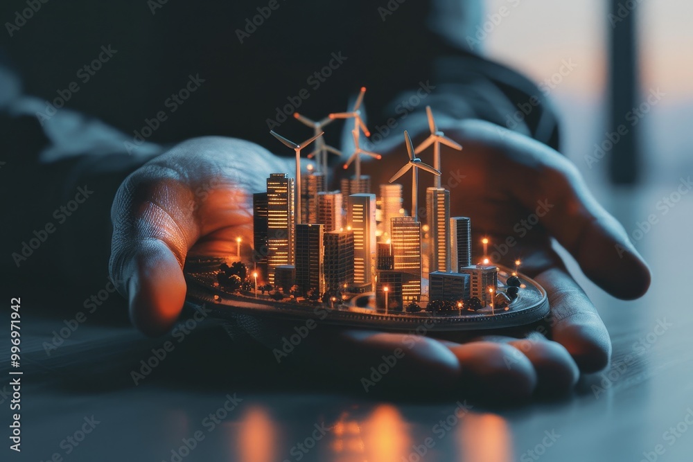 Poster miniature city with wind turbines held in hands, symbolizing sustainable urban development and the i